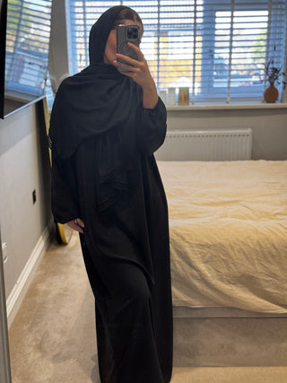 Nida abaya with crochet detailing scarf attached