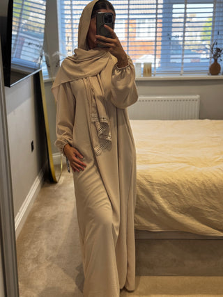 Nida abaya with crochet detailing scarf attached