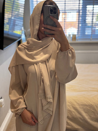 Nida abaya with crochet detailing scarf attached