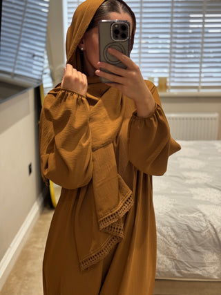 Nida abaya with crochet detailing scarf attached