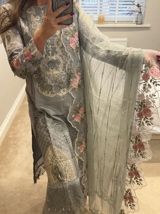 Maria B Inspired 3 Piece Suit Grey/Blue